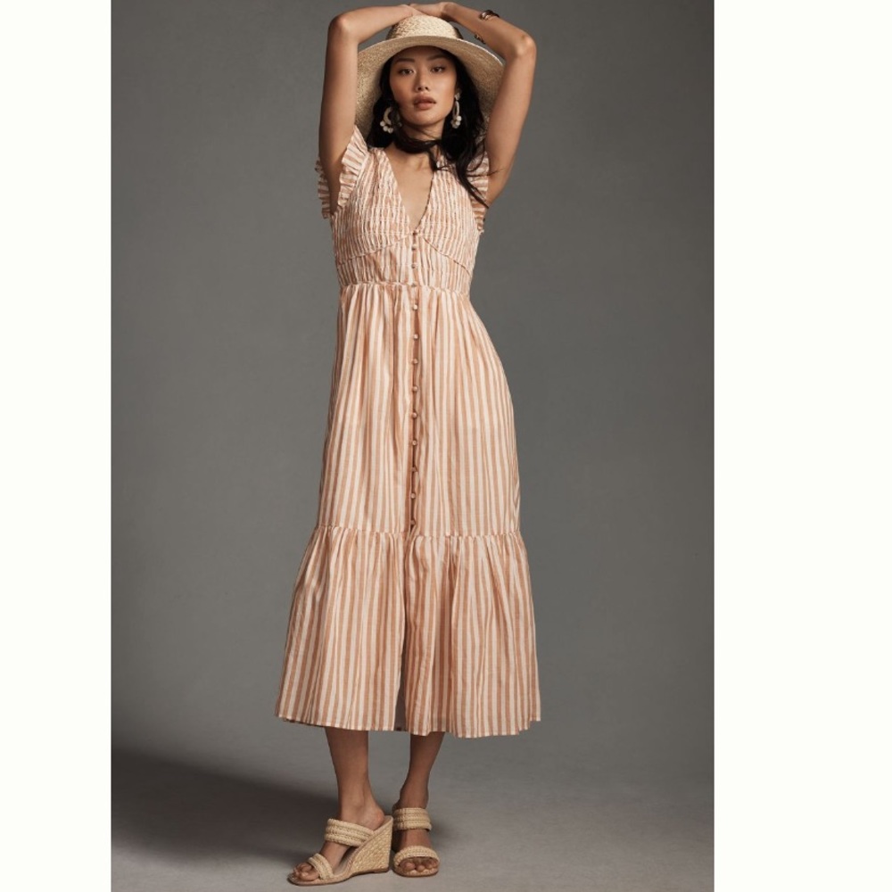 Anthropologie Peach-Striped Button-Front Midi Dress
